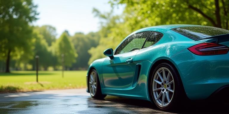 Scenic image of a clean car in a green environment, symbolizing Pepin's Autowash eco-friendly commitment