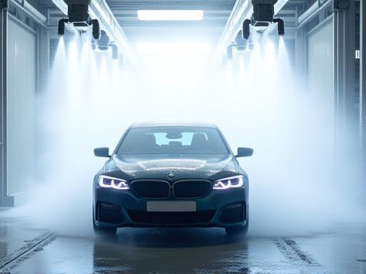 High-pressure water jets in action during a touchless car wash