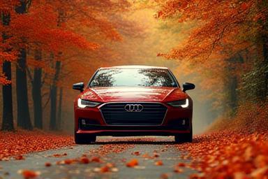 Car on a road covered with autumn leaves, signifying fall preparation