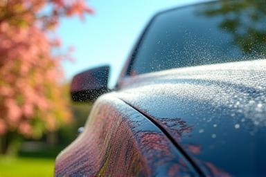 Car being washed in spring with fresh blooming flowers nearby