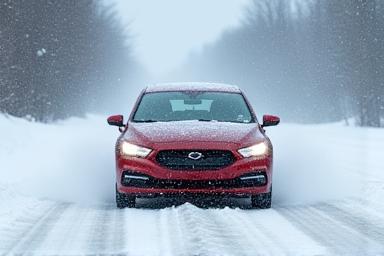 Car driving safely in snowy conditions, highlighting winter car care