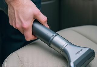 Person vacuuming car interior upholstery