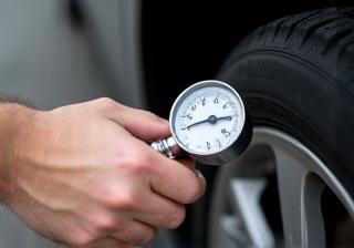 Using a gauge to check car tire pressure